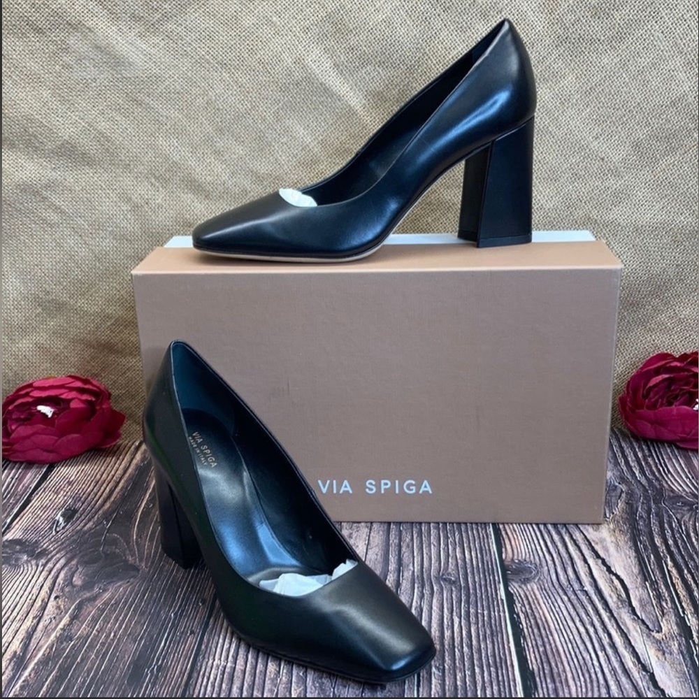 ⭐️ Via Spiga square toe block heel black leather pumps 3” heel made in Italy 6.5